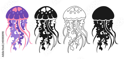 Sea jellyfish cartoon hand drawn sign set. Ocean cute medusa underwater swimming animal flat silhouette, symbol linear design. Comic marine swimming jellyfish animal for children vector illustration