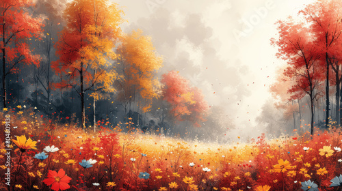 Autumn Forest Watercolor Landscape Dreamy High Resolution Digital Illustration