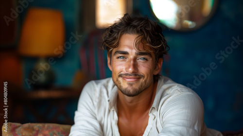 Smile, a young attractive man with a relaxed, cheerful expression, seated in a vibrant, bohemian-style interior. He has tousled brown hair, clear blue eyes, and is wearing a white, unbuttoned shirt photo