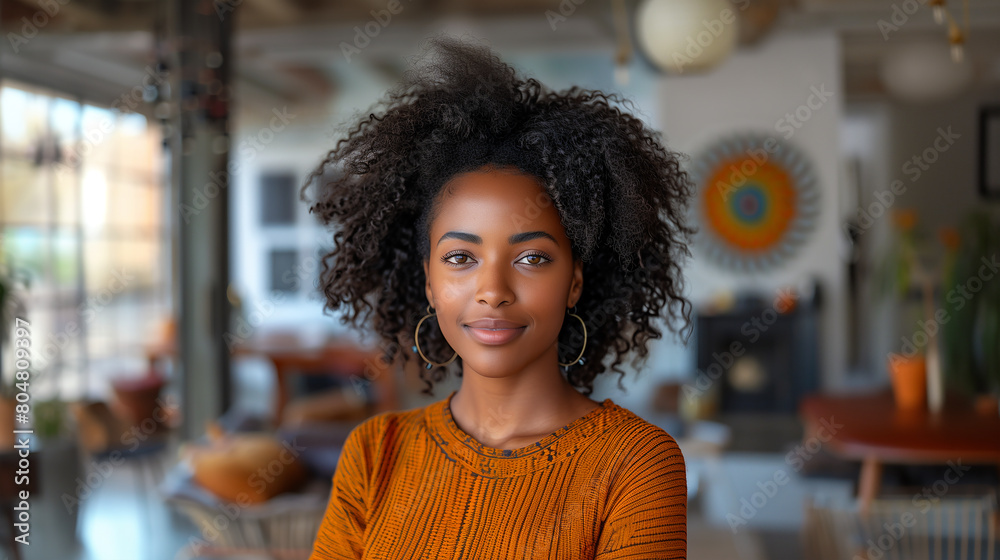 a young beautiful woman with curly hair, smiling at the camera. She is in a tropical or subtropical indoor setting, wearing an orange knit sweater, a young beautiful woman with curly hair, smiling at the camera. She is in a tropical or subtropical indoor setting, wearing an orange knit sweater,