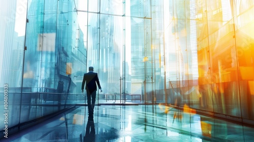 Businessman walking in a modern glass corridor overlooking the city. Corporate and career progression concept. photo