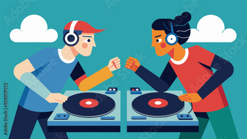 Contenders in the live DJ vinyl battles take turns selecting classic records and putting their own sonic spin on them battling for the top spot. Vector illustration