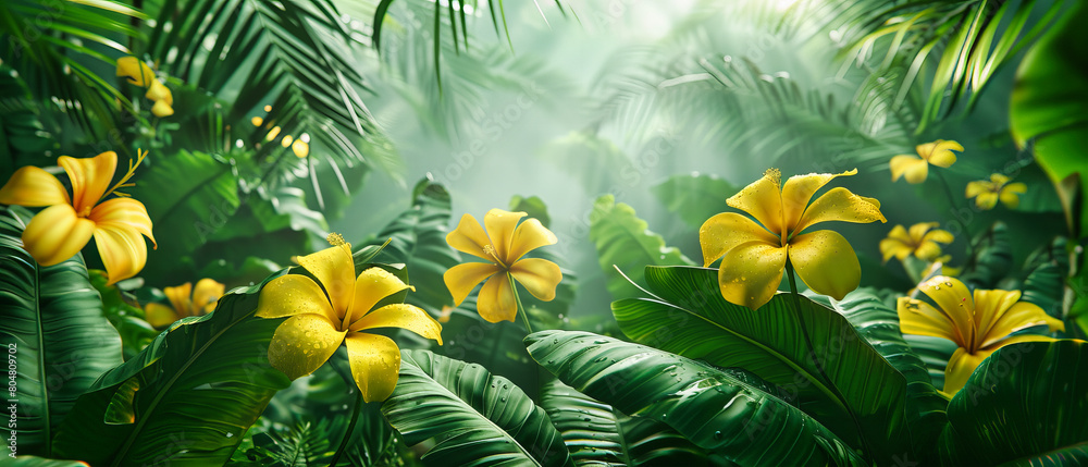 Fototapeta premium Lush Tropical Foliage in a Dense Jungle, Rich Greenery and Exotic Plants in Natural Light