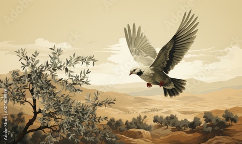 The image shows a bird flying over a field of wheat. The bird is white with black wingtips. The field is golden brown. The sky is blue with white clouds. photo