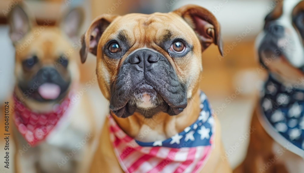 Dog wearing a bandana with the American flag, looking patriotic and adorable