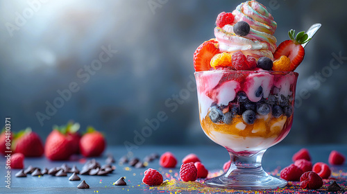 A glass bowl of vanilla yogurt with layers of blueberries, raspberries and strawberries