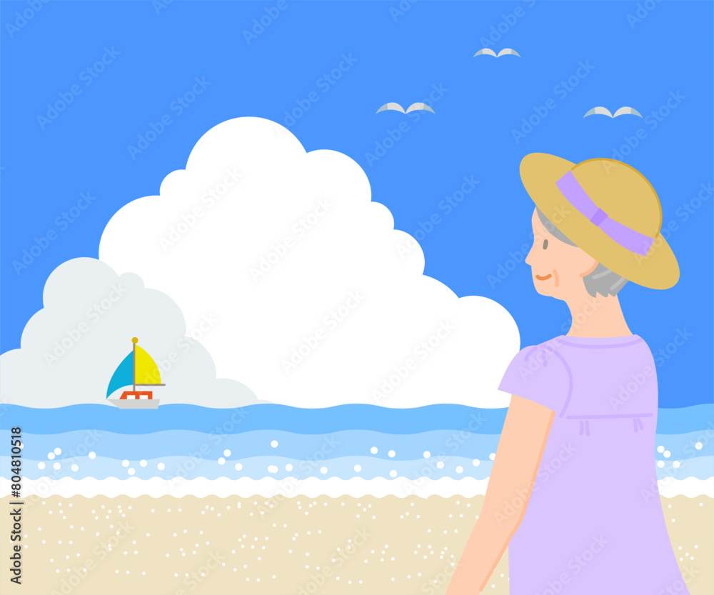 夏の素材:海で入道雲が出た青空を笑顔で見上げるシニア女性 夏の素材:海で入道雲が出た青空を笑顔で見上げるシニア女性