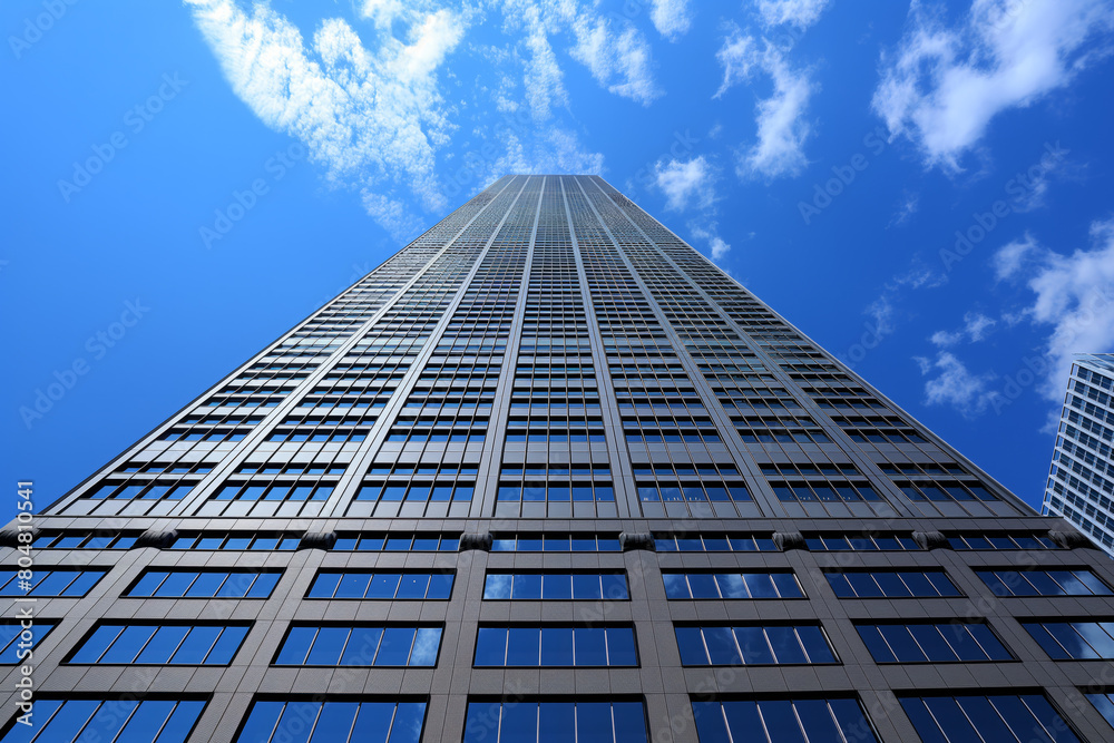 A tall building with large windows, seen from the ground looking up at it, blue sky in the background A tall building with large windows, seen from the ground looking up at it, blue sky in the background