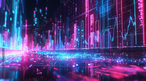 Futuristic digital landscape with vibrant neon lines and data visualization.
