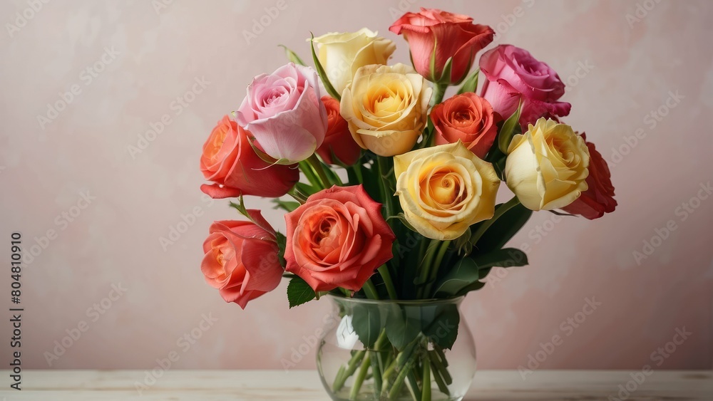 Colorful bouquet of roses in a vase with a pastel backdrop Colorful bouquet of roses in a vase with a pastel backdrop