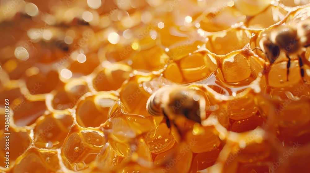 A close up of a honeycomb with bees on it A close up of a honeycomb with bees on it