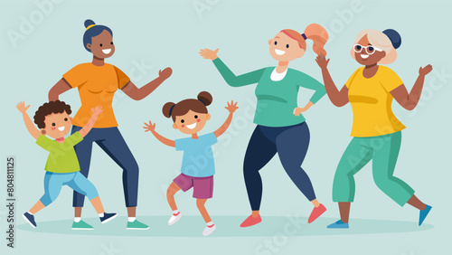 MultiGenerational Fitness Day kicks off with an energetic Zumba class featuring participants of all ages from toddlers to grandparents.. Vector illustration