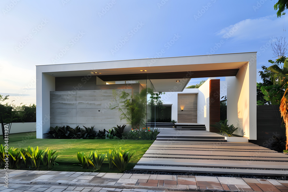 Modern contemporary illuminated house design exterior. Luxurious new construction home with panoramic windows, pool, patio Modern contemporary illuminated house design exterior. Luxurious new construction home with panoramic windows, pool, patio