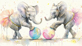 Watercolor painting of two elephants are playing with a ball, one of which is wearing a pink tutu. The scene is whimsical and playful, with the elephants engaging in a fun activity