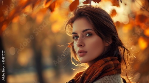 Young woman with blue eyes wearing scarf in autumn. Soft focus portrait with golden fall leaves background