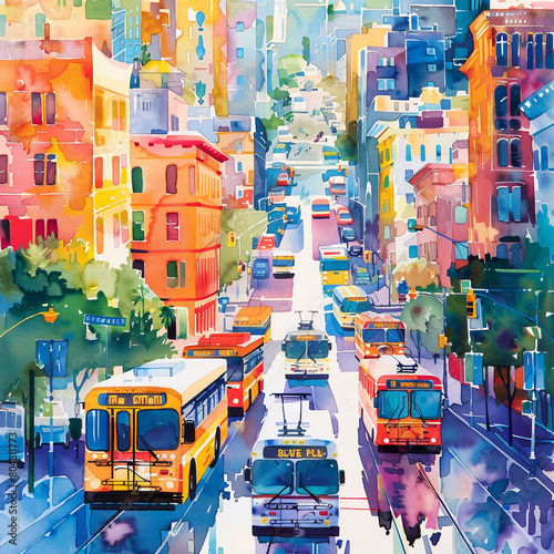 Watercolor painting of busy city street with many buses and cars. The mood of the painting is lively and bustling