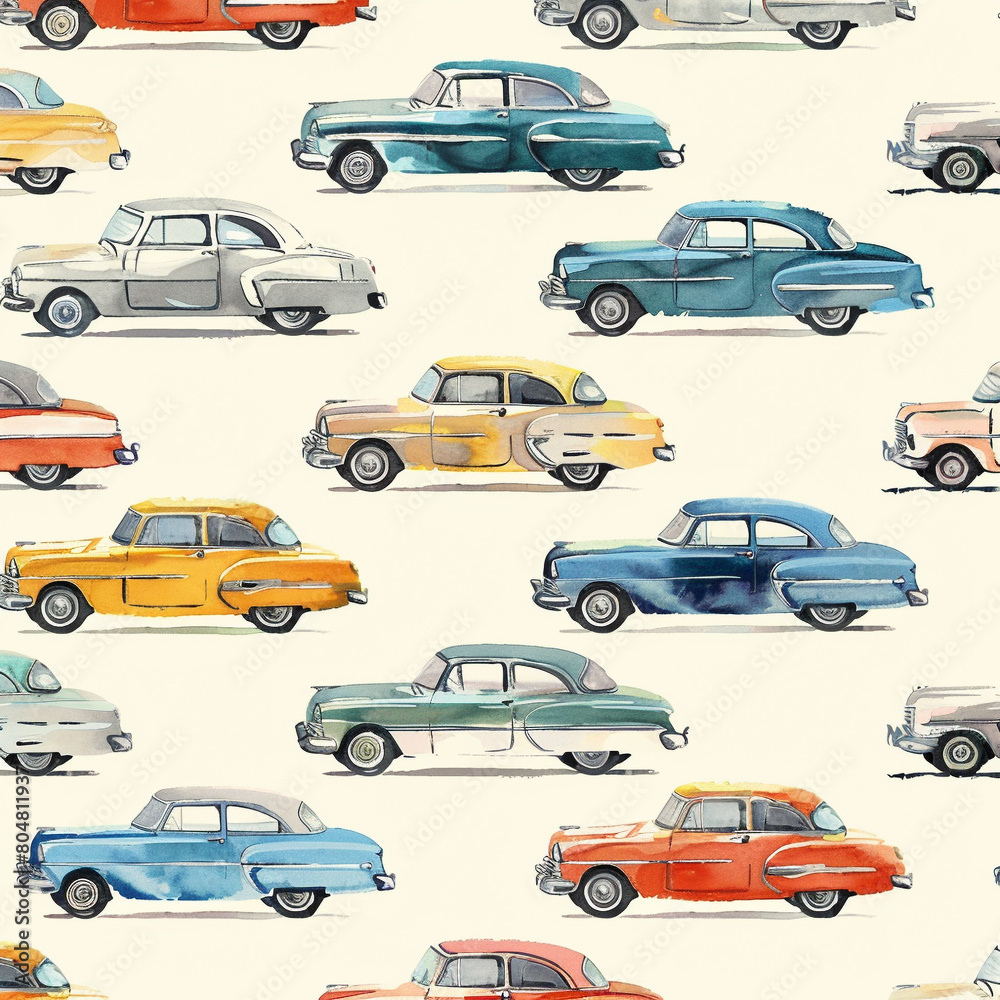 Watercolor painting of a colorful car pattern with a vintage feel. The cars are all different colors and sizes, that creates a sense of movement and energy. Scene is playful and nostalgic