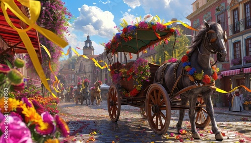 Virtual 3D model depicts a charming horse-drawn cart with colorful flowers and ribbons in a lively market square, illustrating a whimsical atmosphere.