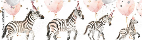 Watercolor painting of a series of zebra drawings with balloons on their heads. The balloons are pink and white. The zebra drawings are all different sizes and are arranged in a row