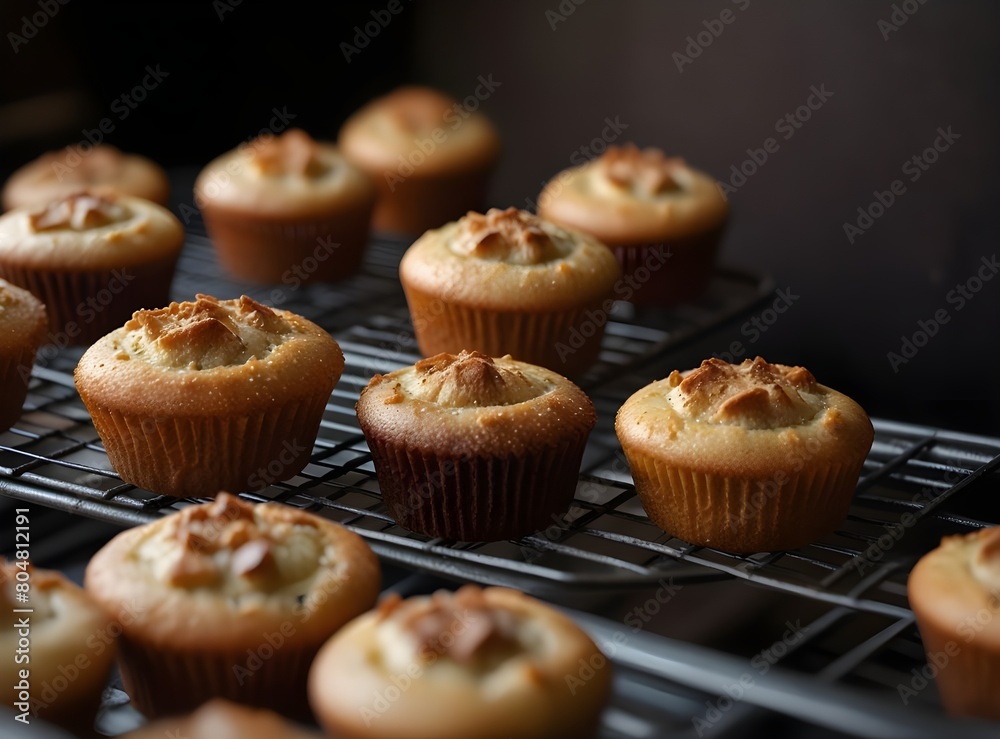 Baked cupcakes in an open oven close-up.
Baked cupcakes in an open oven close-up.