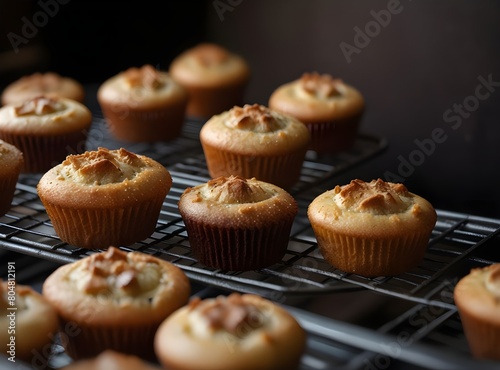 Baked cupcakes in an open oven close-up. 