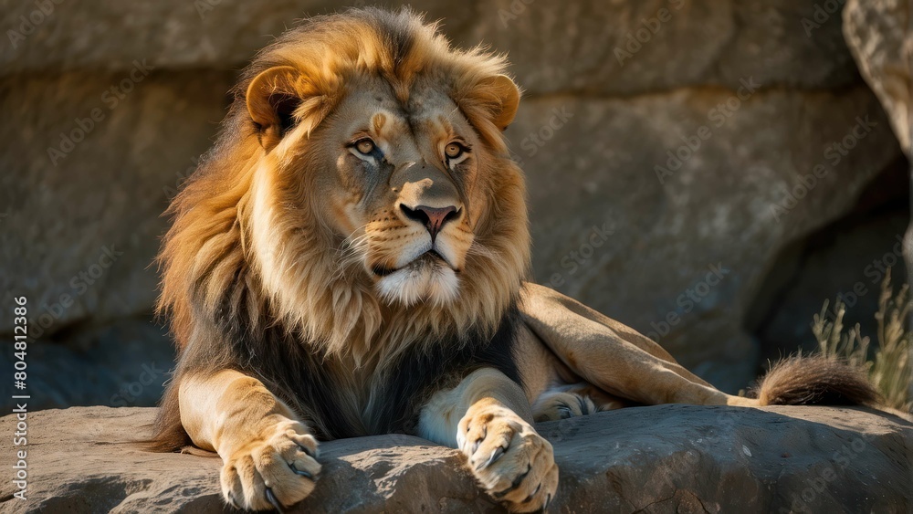 Obraz premium Majestic lion resting on a rock, bathed in golden sunlight
