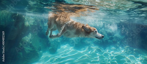 Dog dives in clear pool. photo