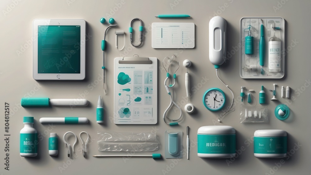 Organized assortment of medical equipment and supplies in teal and grey Organized assortment of medical equipment and supplies in teal and grey