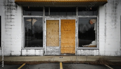 Documentary-style photo: shuttered, boarded-up business symbolizing recession, palpable abandonment, blurred surroundings.