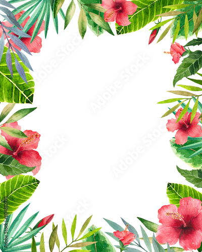 Kids birthday invitation, Tropical, frame, border, hibiscus, palm, Leaves, watercolor Illustration, Decoration, summer, Mothers day