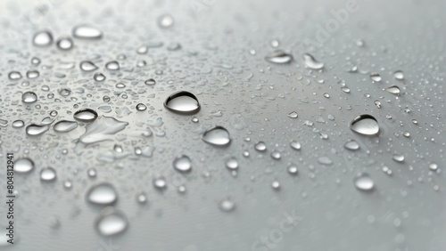 Close up of water droplets on a smooth gray surface