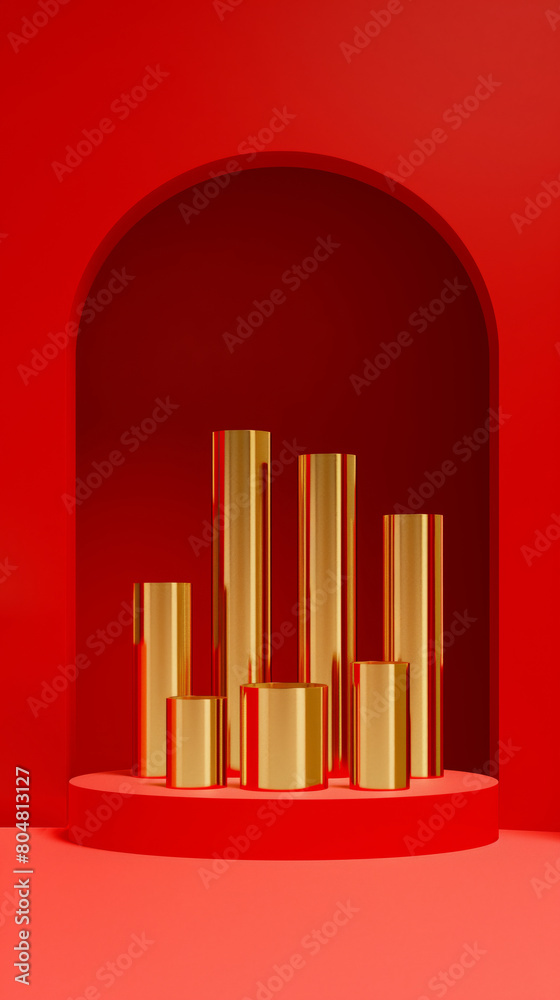 Fototapeta premium Golden pillar product podium on red background