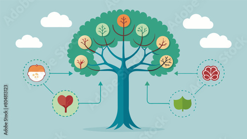 A diagram of a tree with roots labeled as different mental health conditions and branches showing the fruits of support knowledge and resilience. Vector illustration