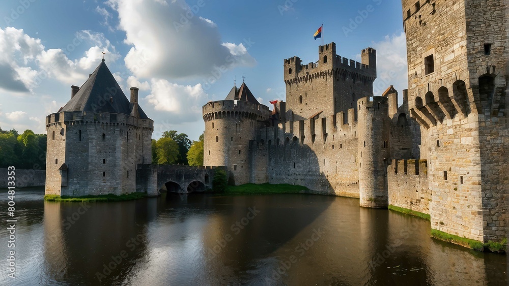 Medieval castle with towers and moat under a cloudy sky