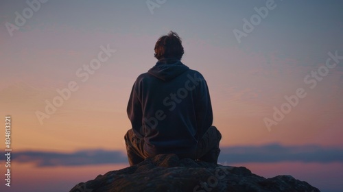 Sunset Reflections: Man Resting on a Rock, Immersed in the Radiance of the Setting Sun.