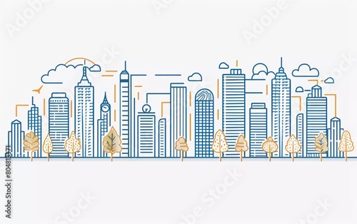 
Cityscape line panorama - urban landscape in linear style on white background. Very beautiful thin line vector illustration