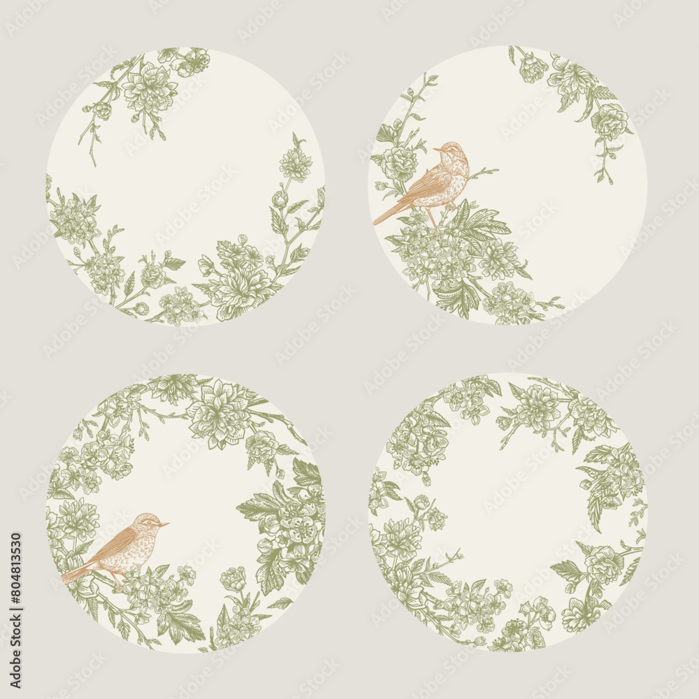 Fototapeta premium Four round compositions with birds and flowering branches of spring trees. Set of circular floral cards. Green and gold