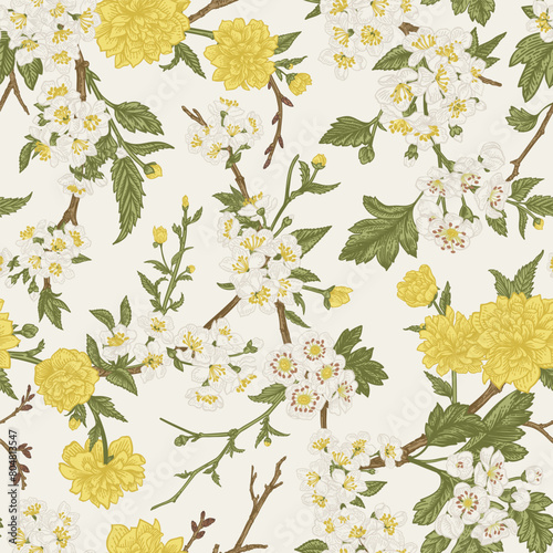 Seamless floral pattern. Flowering branches of garden trees. Vector botanical background. Full bloom. Colorful