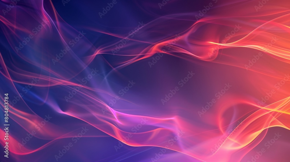 Abstract illustration with smooth, flowing lines and waves of light. The dominant colors include shades of blue, purple, and red, which blend seamlessly into each other