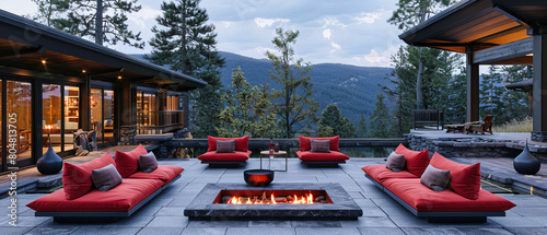 Luxurious Winter Lodge Interior, Warm Fireplace Setting with a View of Snowy Trees