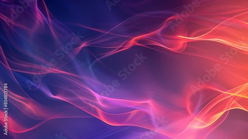 Abstract illustration with smooth, flowing lines and waves of light. The dominant colors include shades of blue, purple, and red, which blend seamlessly into each other