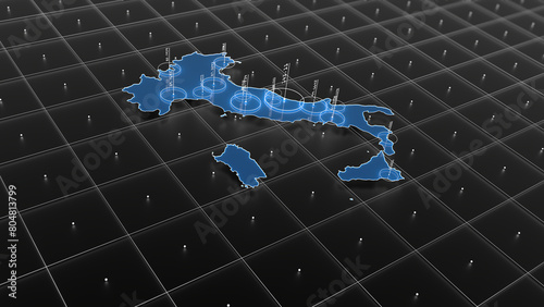 Italy blue map big data visualization. Futuristic infographic map. Information aesthetics. Complex visual data. Complex data graphic visualization. 3D render illustration.
