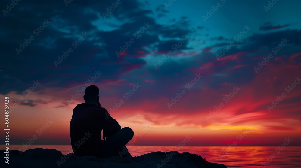 Coastal Solitude: Man's Tranquil Moment on the Beach, Bathed in the Colors of Sunset. Coastal Solitude: Man's Tranquil Moment on the Beach, Bathed in the Colors of Sunset.