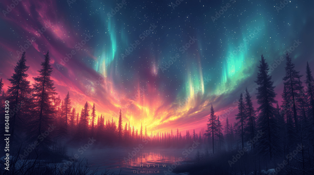 Enchanted Night Sky with Aurora Above a Mystic Forest Enchanted Night Sky with Aurora Above a Mystic Forest