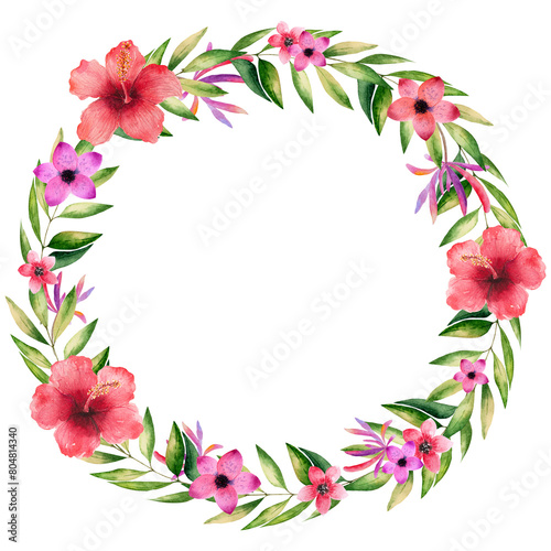 Bright Tropical Flowers, Leaves, Wreath, orchid, hibiscus, Round Frame, watercolor Illustration, Decoration, Mothers day, summer vibes, vibrant