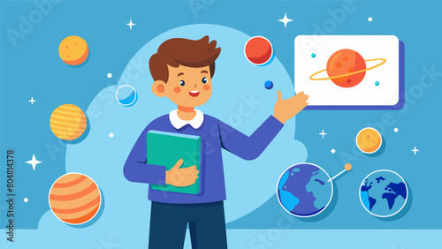 A boy giving a presentation on the solar system complete with selfmade models of each planet and detailed explanations of their composition.. Vector illustration