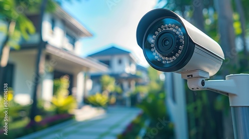 Modern security camera on a wall overseeing a house pathway, residential surveillance technology; Concept of home security, safety, and smart home solutions