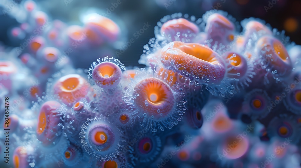 A cluster of colorful sea anemones nestled atop a coral reef, with their delicate tentacles extended, showcases the diversity and beauty of marine life. A cluster of colorful sea anemones nestled atop a coral reef, with their delicate tentacles extended, showcases the diversity and beauty of marine life.