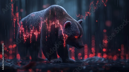 Digital bear in stock market concept with red glowing falling graphs, representing economic downturn and investment risks, Concept of financial crisis and bear market trends