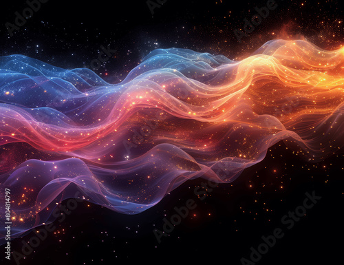 Abstract Iridescent Wavy Lines and Circles on Dark Background, 3D Render Design